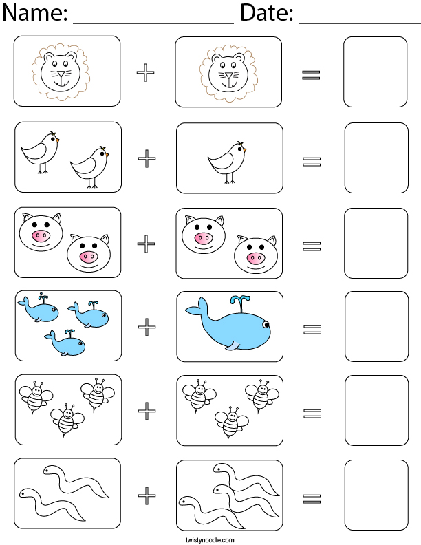 Animal Picture Addition Math Worksheet Twisty Noodle